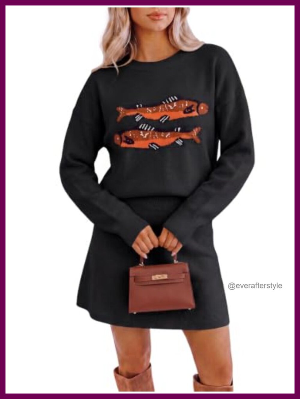 Wenrine Women's 2 Piece Sweater Skirt Set Knit Fish Pattern High Waist A-Line